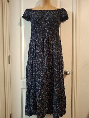 Lark + Gray 3x Navy Paisley Off-Shoulder Maxi Dress